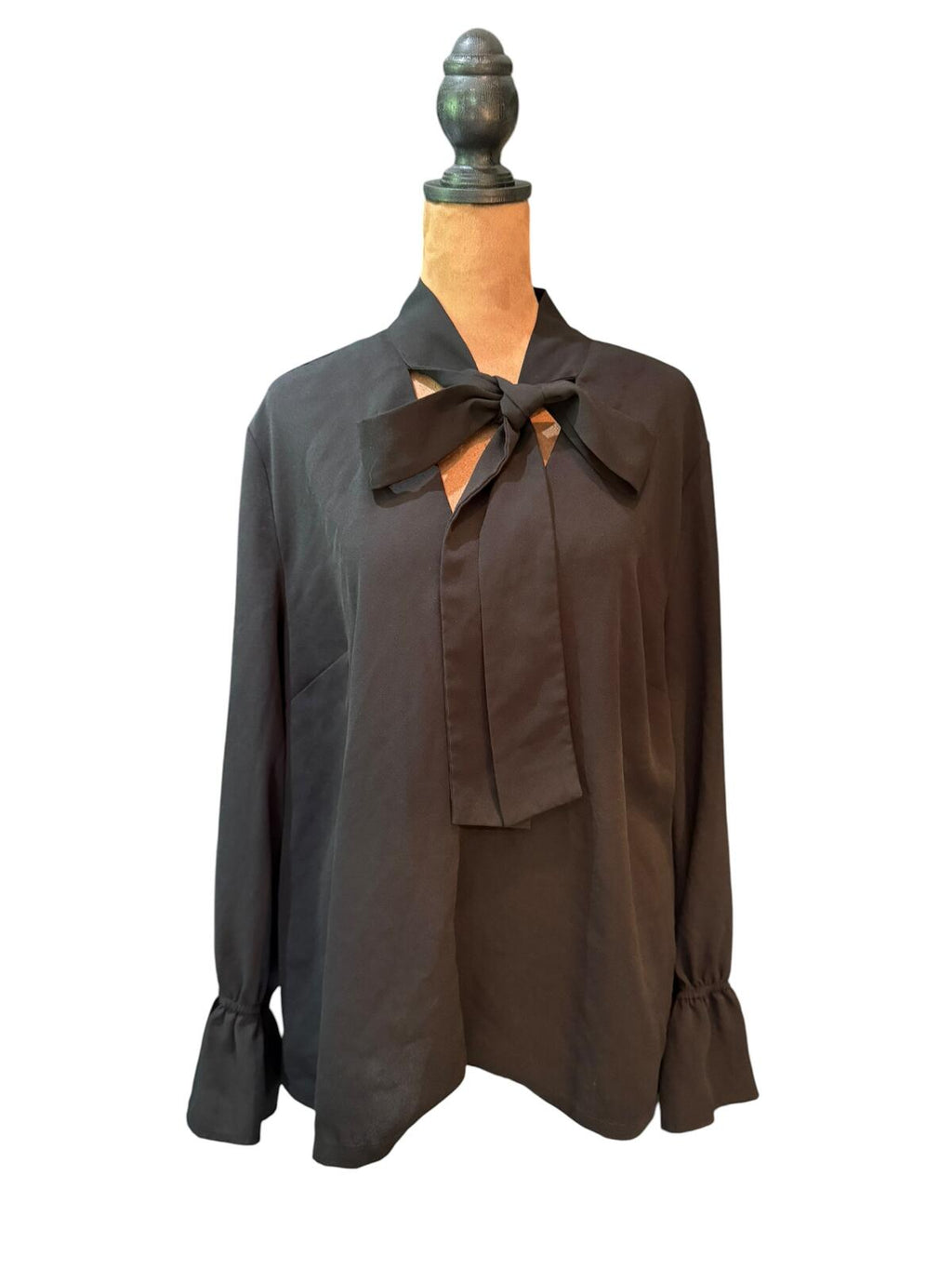 Mudpie Black Long Sleeve Blouse with Neck Tie Bow