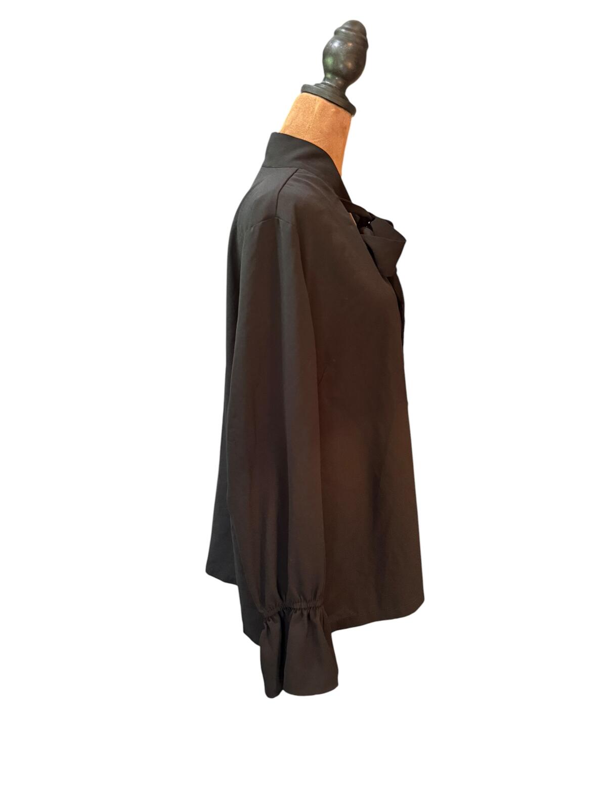 Mudpie Black Long Sleeve Blouse with Neck Tie Bow