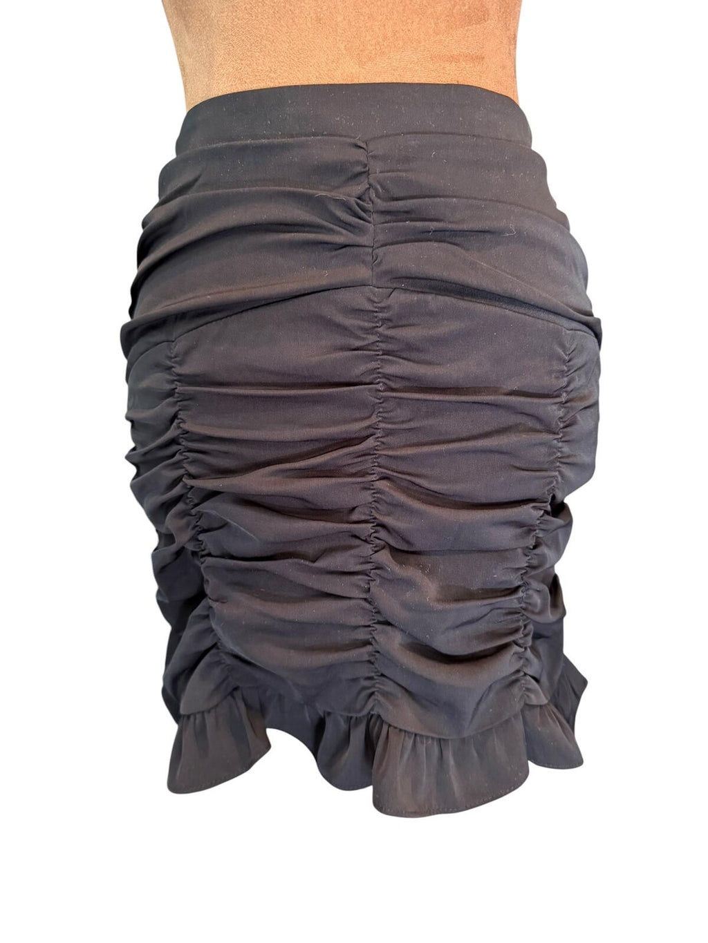 Beige Botany Black Ruffled Ruched Mini Skirt