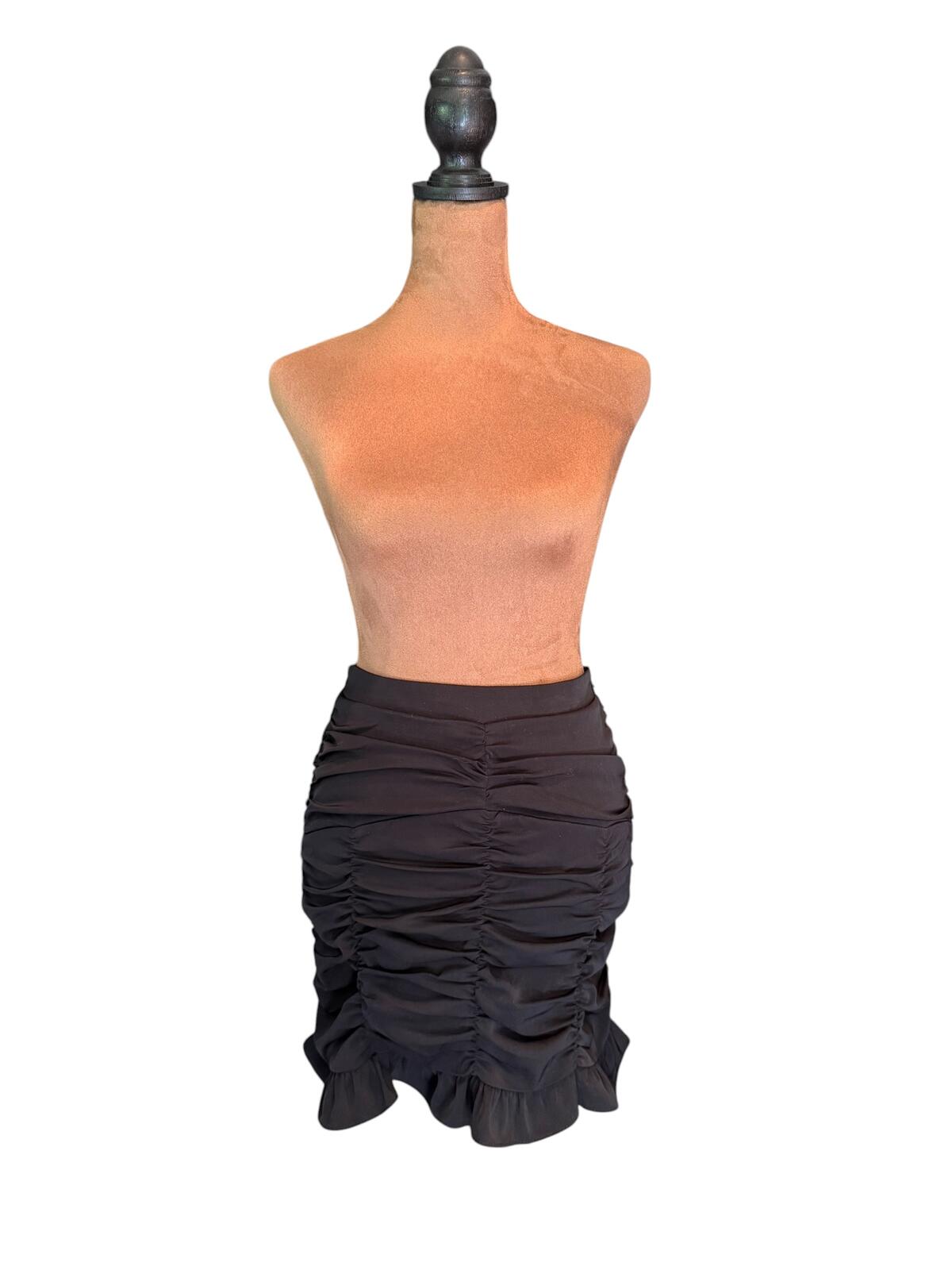 Beige Botany Black Ruffled Ruched Mini Skirt