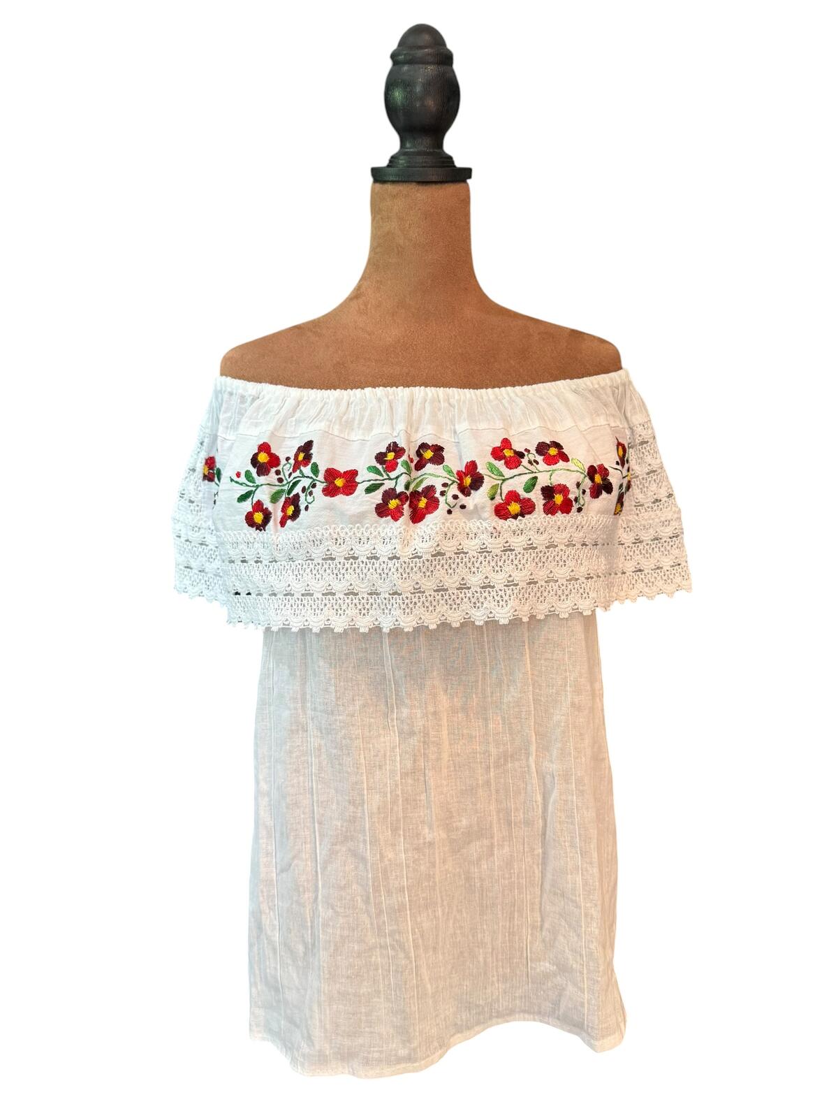 White Off-Shoulder Top with Floral Embroidery