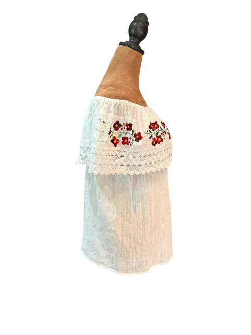 White Off-Shoulder Top with Floral Embroidery