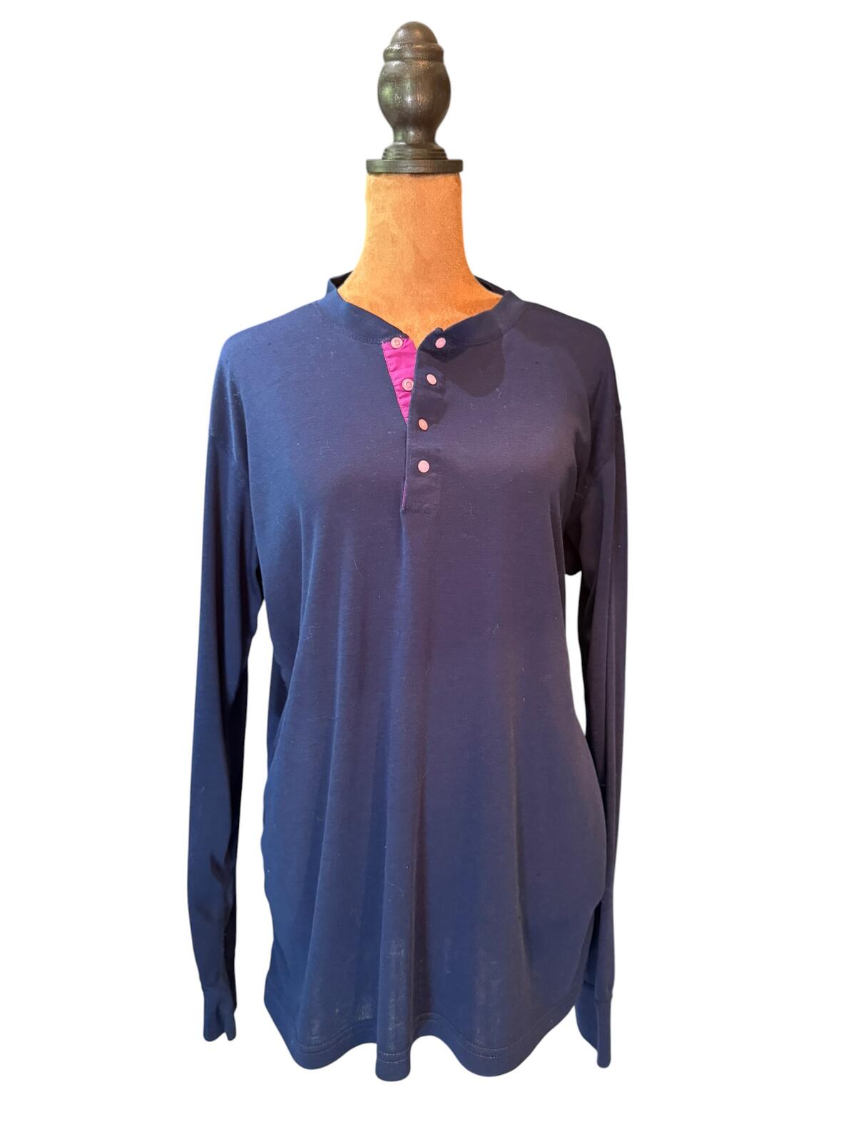 Patagonia Long Sleeve Navy Henley Shirt with Pink Button Placket
