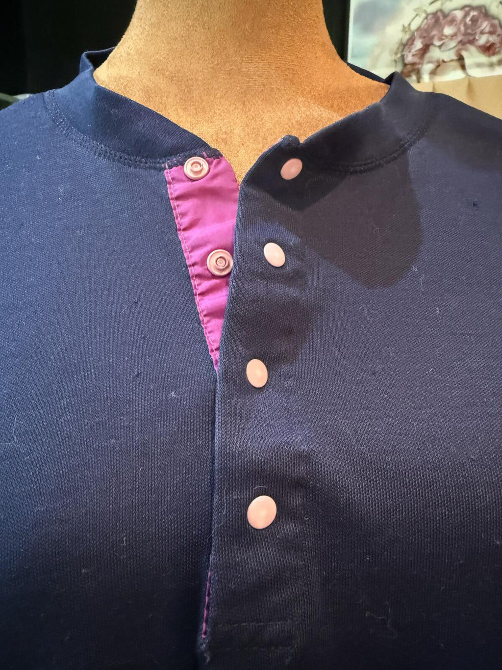 Patagonia Long Sleeve Navy Henley Shirt with Pink Button Placket