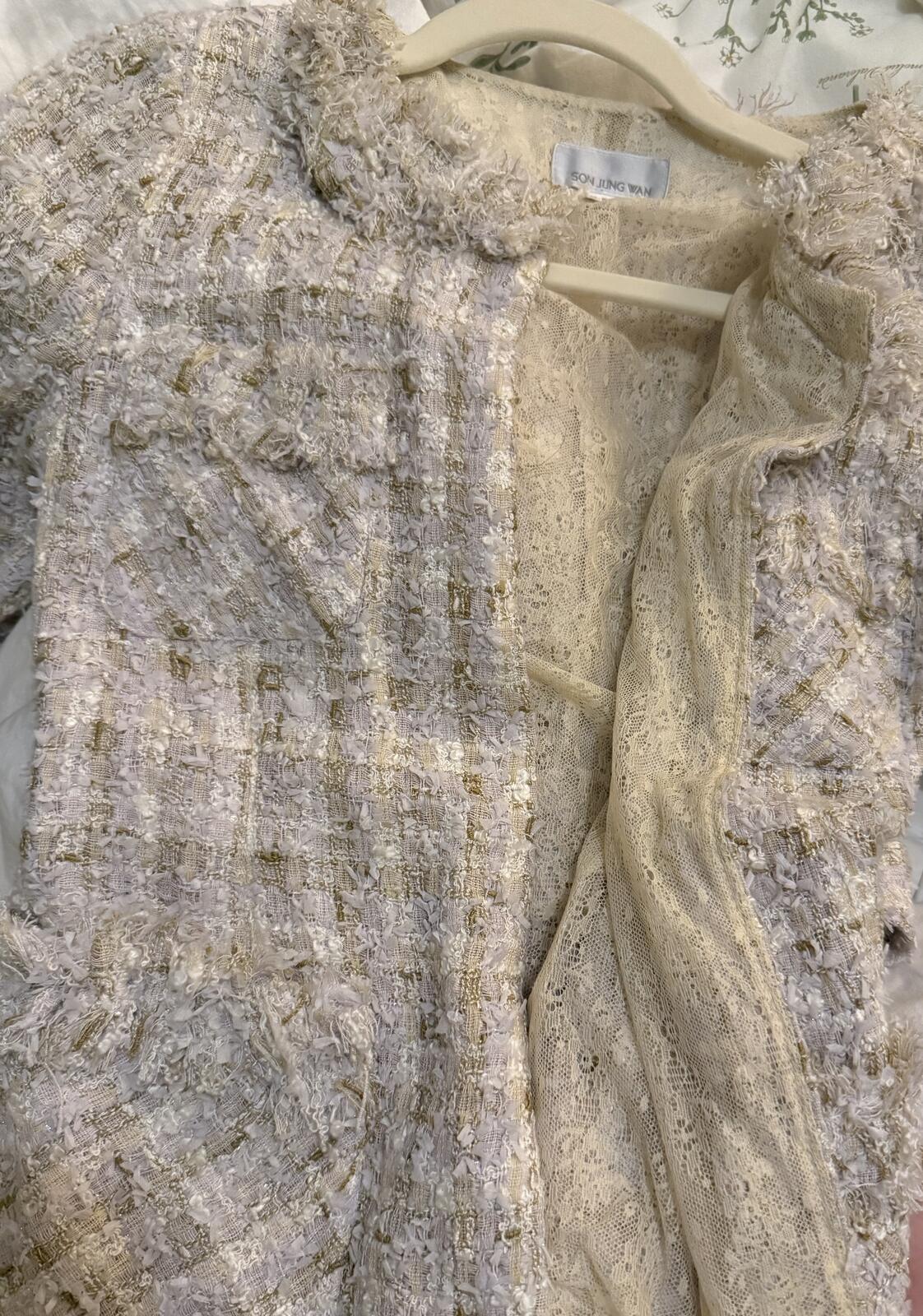 Son Jung Wan Beige Textured Tweed Long Jacket with Bow Back