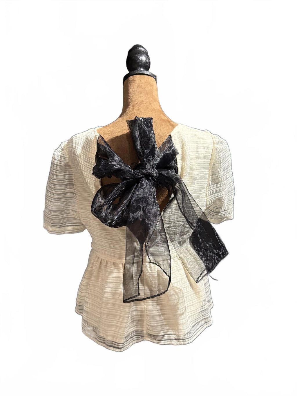 Sunday in Brooklyn Cream Textured Peplum Top with Black Sheer Bow Back