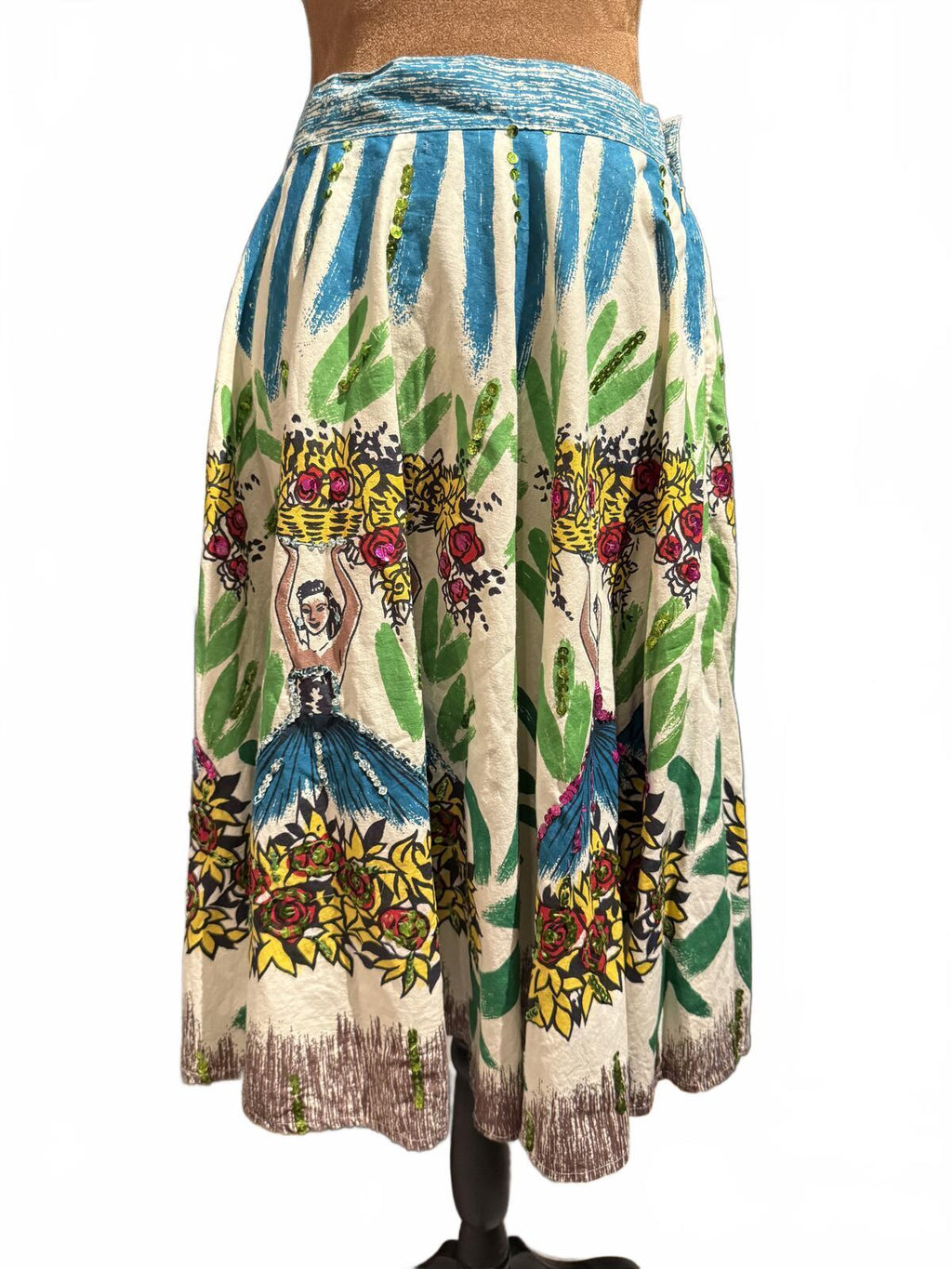 Persaman New York Vintage Cotton Printed Embellished Midi Skirt