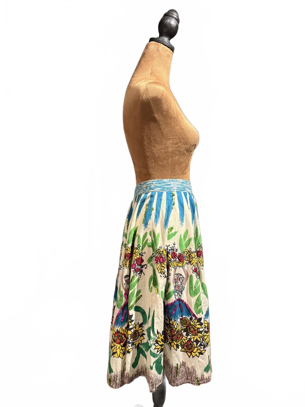 Persaman New York Vintage Cotton Printed Embellished Midi Skirt