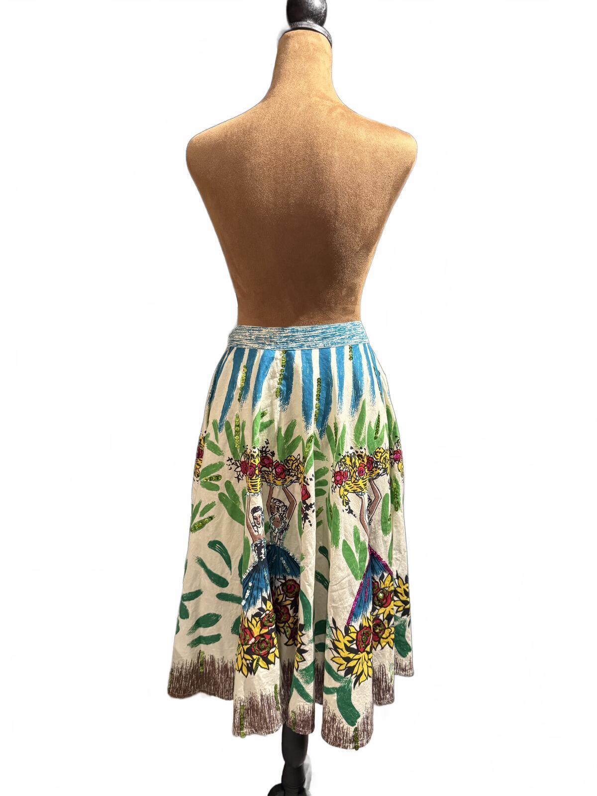 Persaman New York Vintage Cotton Printed Embellished Midi Skirt
