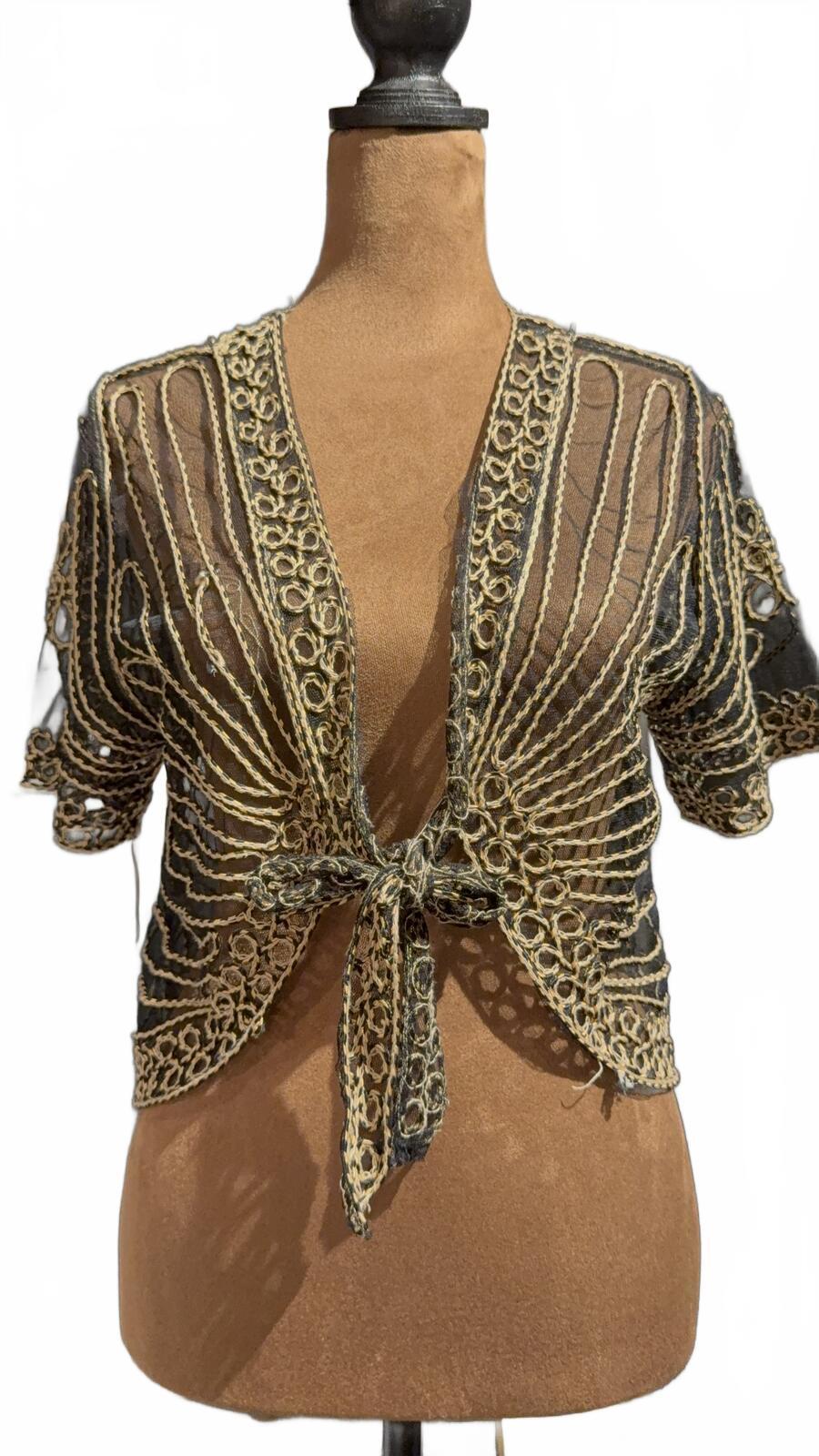Ming Yuan Sheer Embroidered Cropped Tie Front Bolero Cardigan