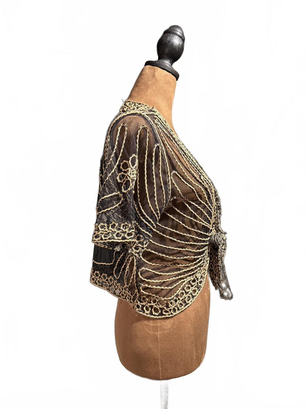 Ming Yuan Sheer Embroidered Cropped Tie Front Bolero Cardigan