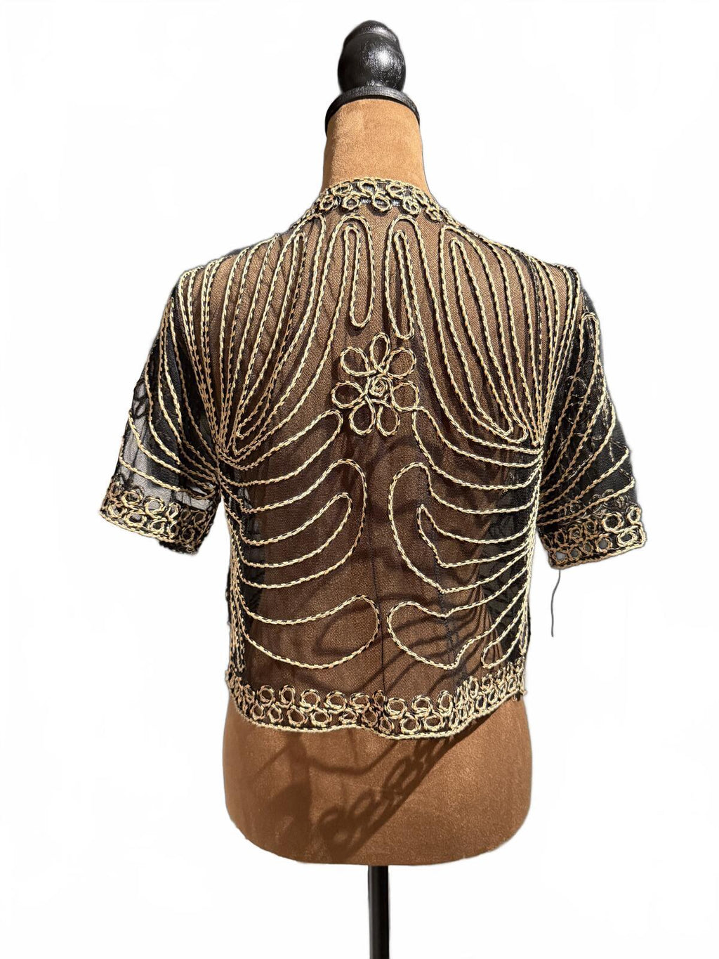 Ming Yuan Sheer Embroidered Cropped Tie Front Bolero Cardigan