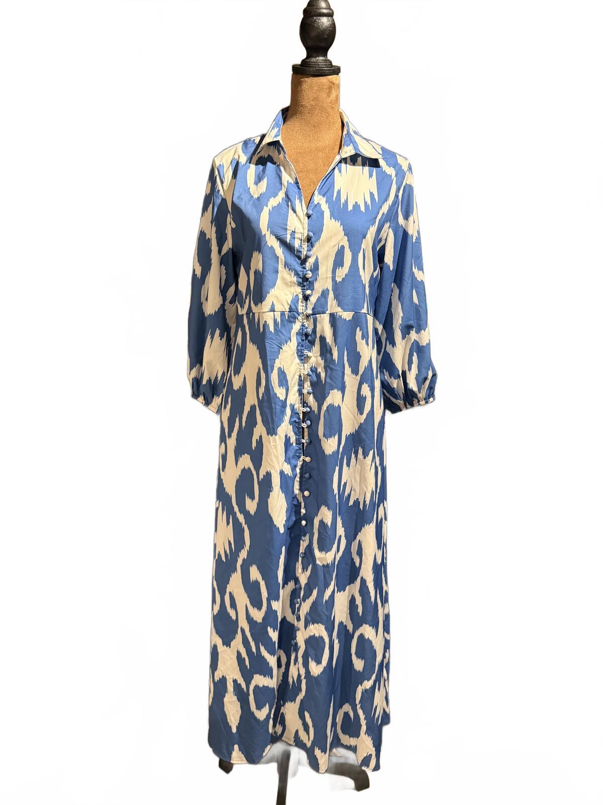 Blue and Cream Ikat Print Button Front Midi Shirt Dress