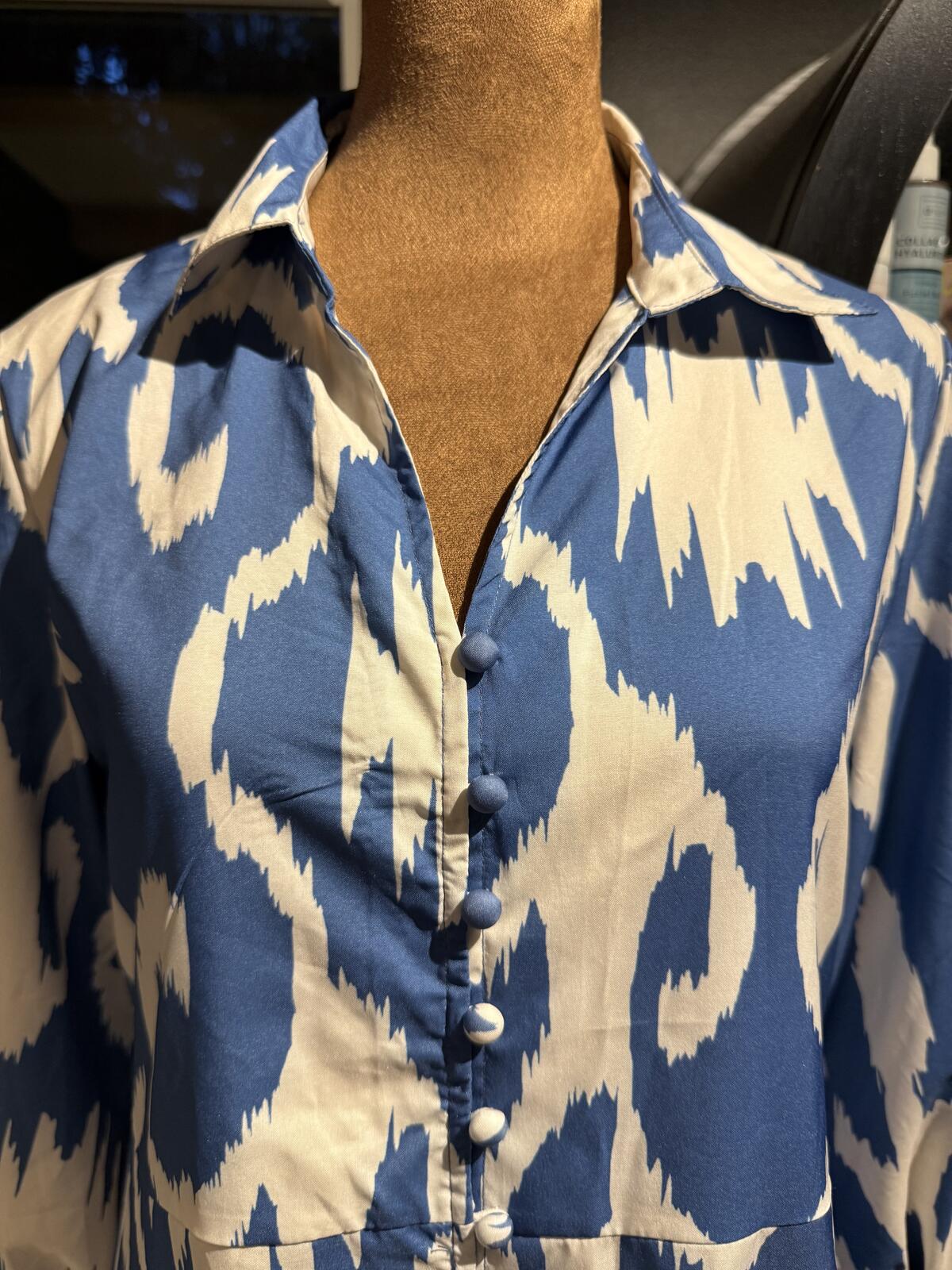 Blue and Cream Ikat Print Button Front Midi Shirt Dress