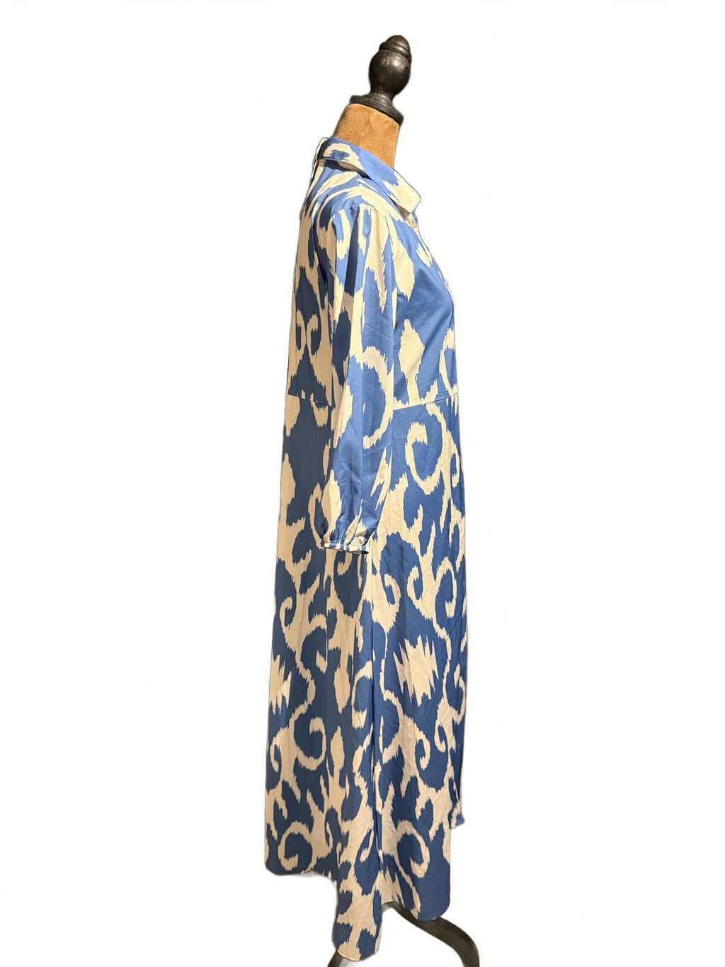 Blue and Cream Ikat Print Button Front Midi Shirt Dress