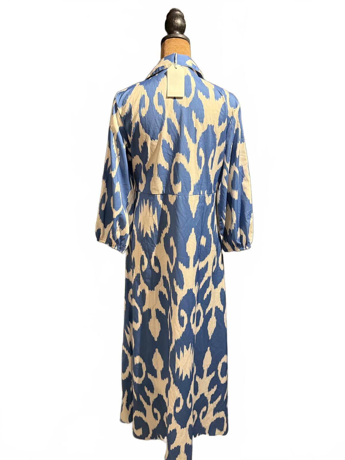 Blue and Cream Ikat Print Button Front Midi Shirt Dress
