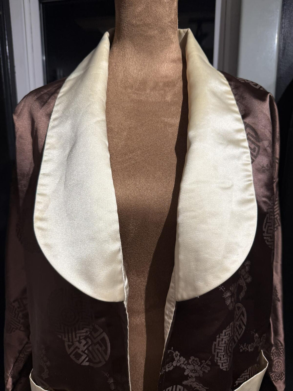 Brown Satin Embroidered Dragon Long Robe Coat with Cream Trim