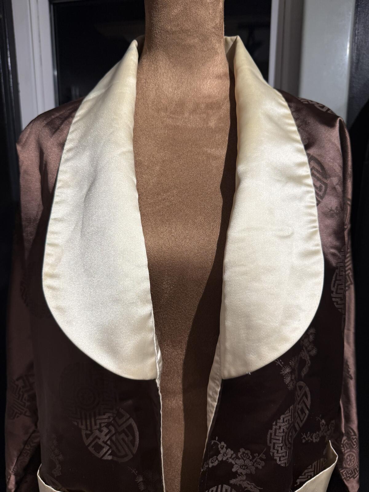 Brown Satin Embroidered Dragon Long Robe Coat with Cream Trim