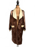 Brown Satin Embroidered Dragon Long Robe Coat with Cream Trim