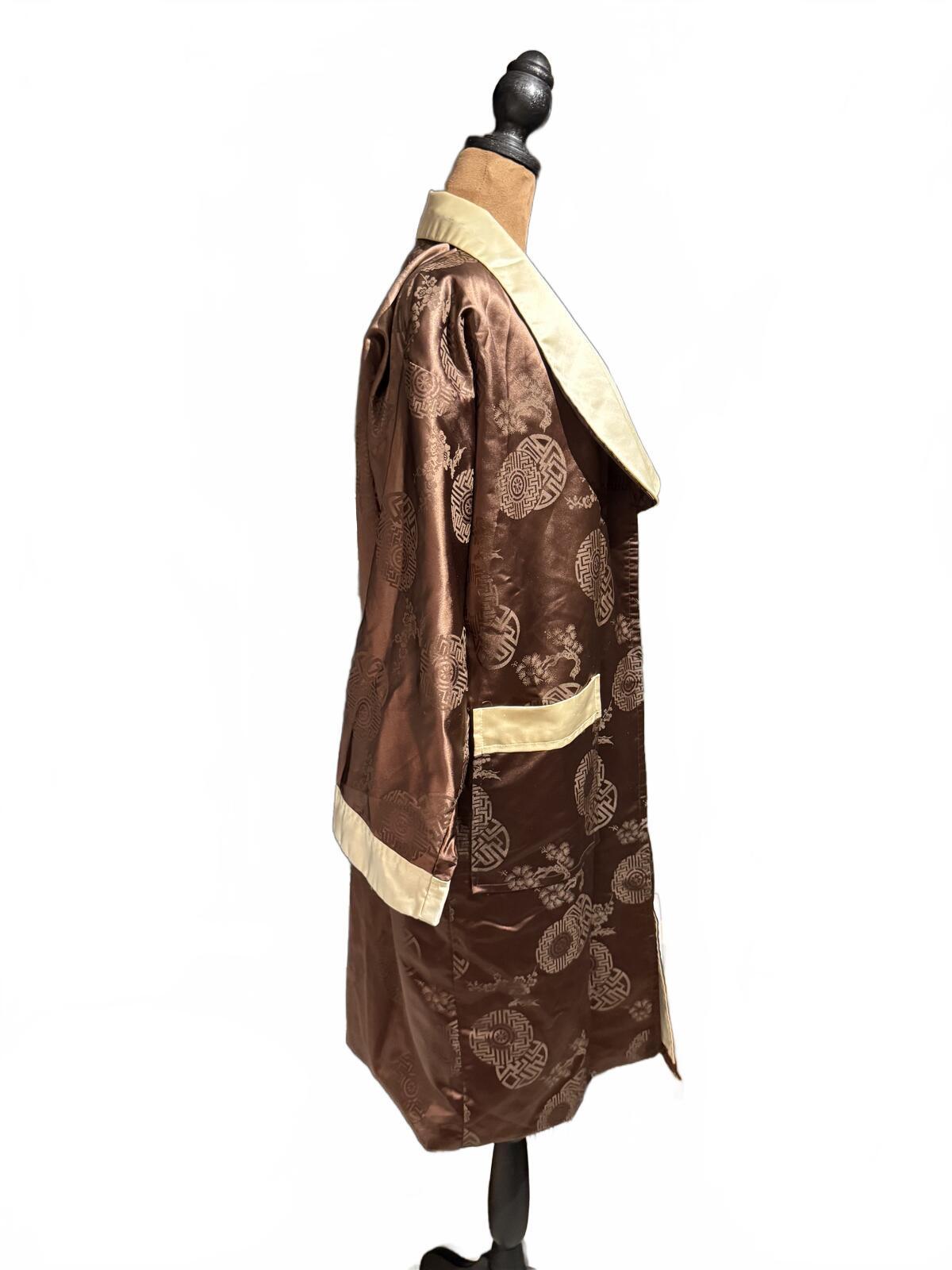 Brown Satin Embroidered Dragon Long Robe Coat with Cream Trim