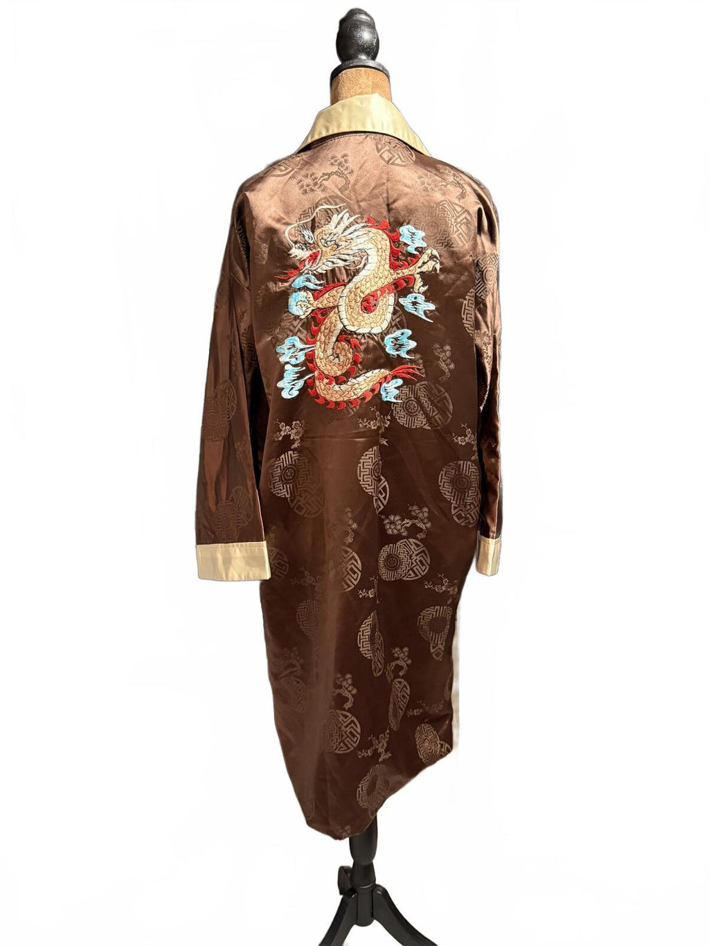 Brown Satin Embroidered Dragon Long Robe Coat with Cream Trim
