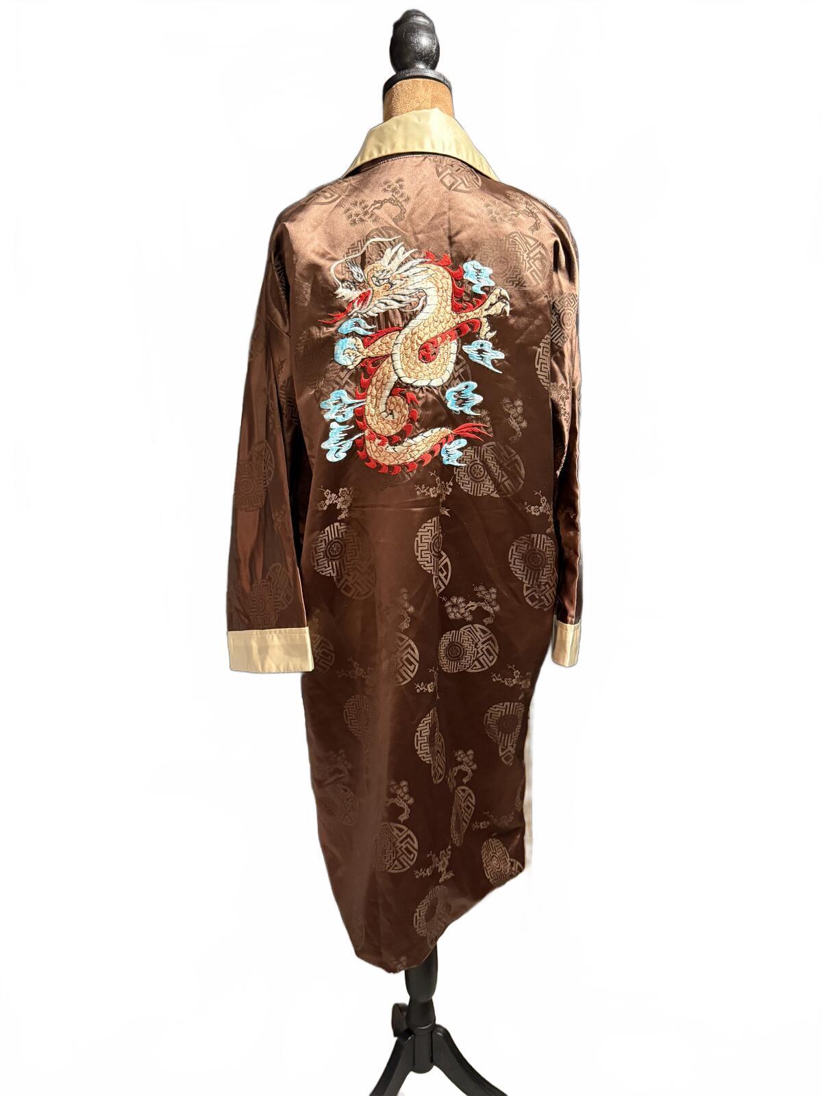 Brown Satin Embroidered Dragon Long Robe Coat with Cream Trim