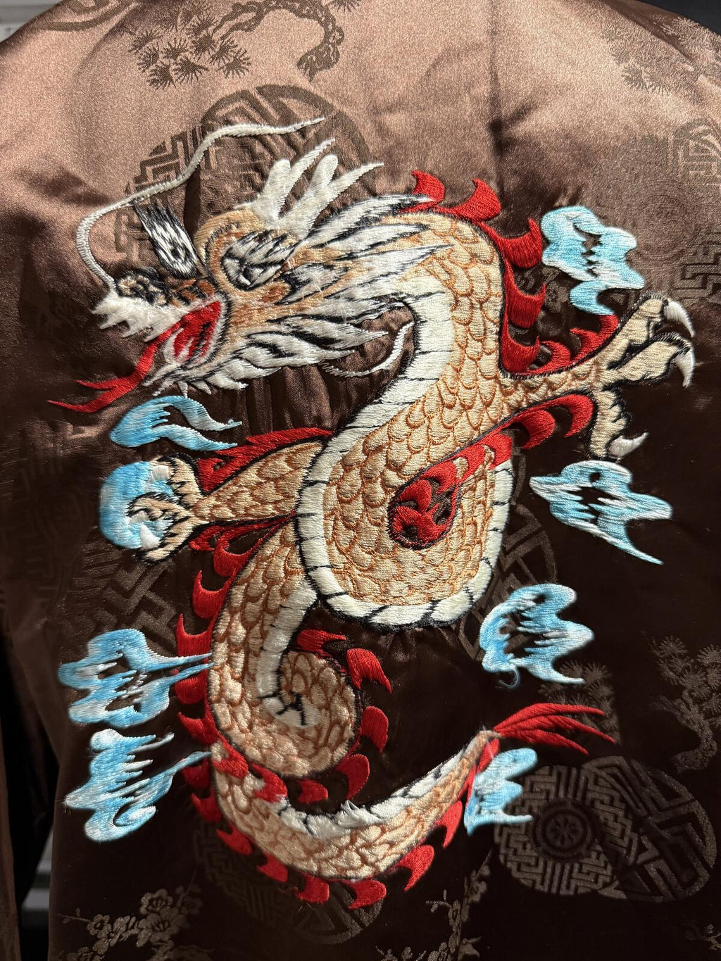 Brown Satin Embroidered Dragon Long Robe Coat with Cream Trim