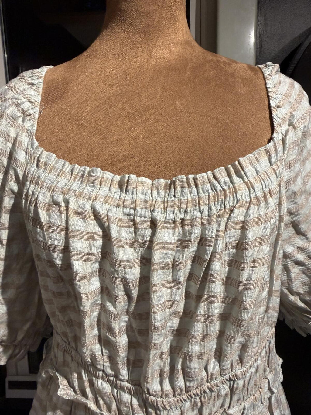 Moon River Beige Plaid Square Neck Puff Sleeve Midi Dress