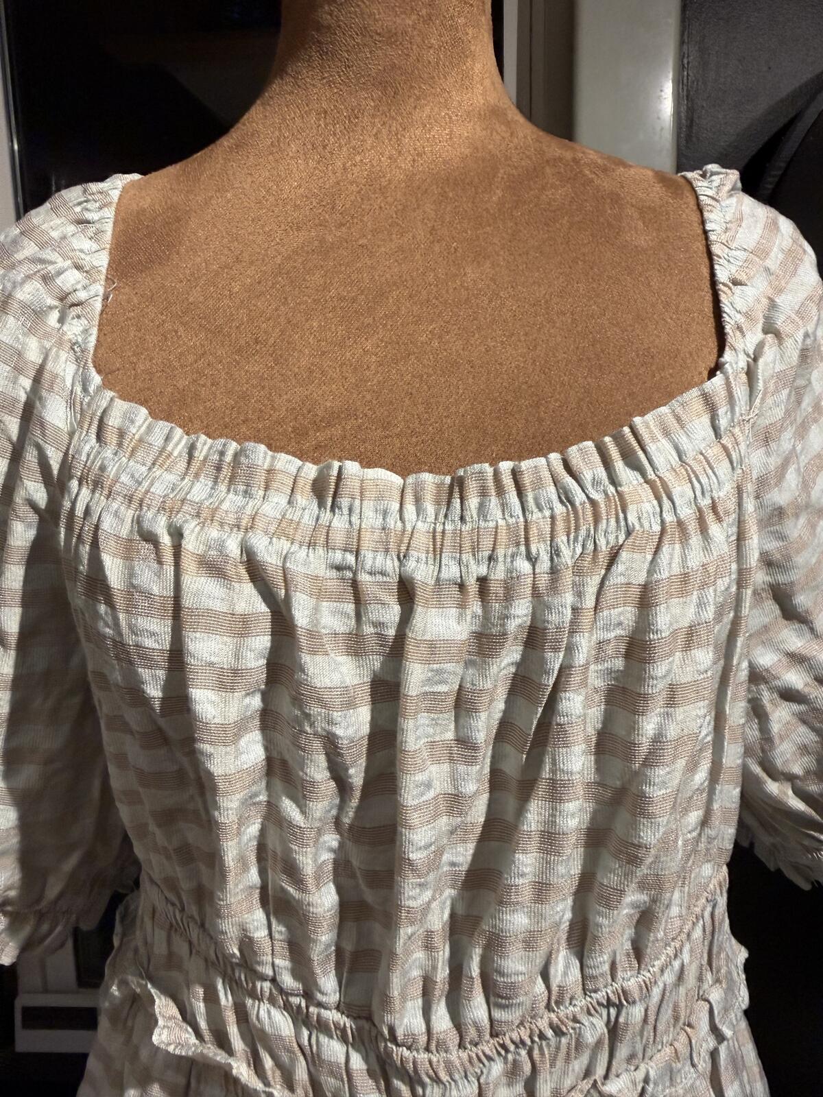 Moon River Beige Plaid Square Neck Puff Sleeve Midi Dress