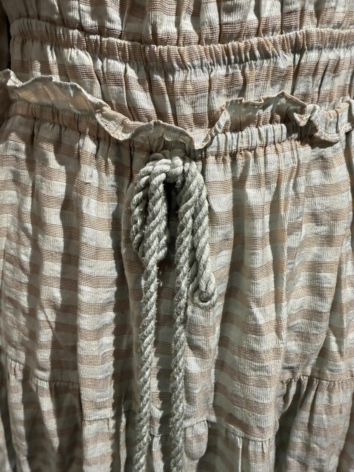 Moon River Beige Plaid Square Neck Puff Sleeve Midi Dress