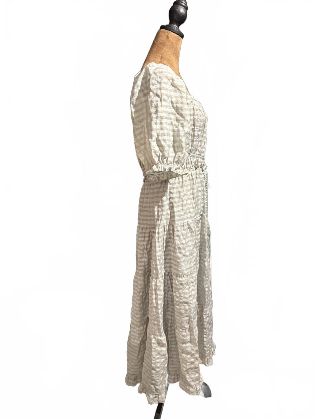 Moon River Beige Plaid Square Neck Puff Sleeve Midi Dress
