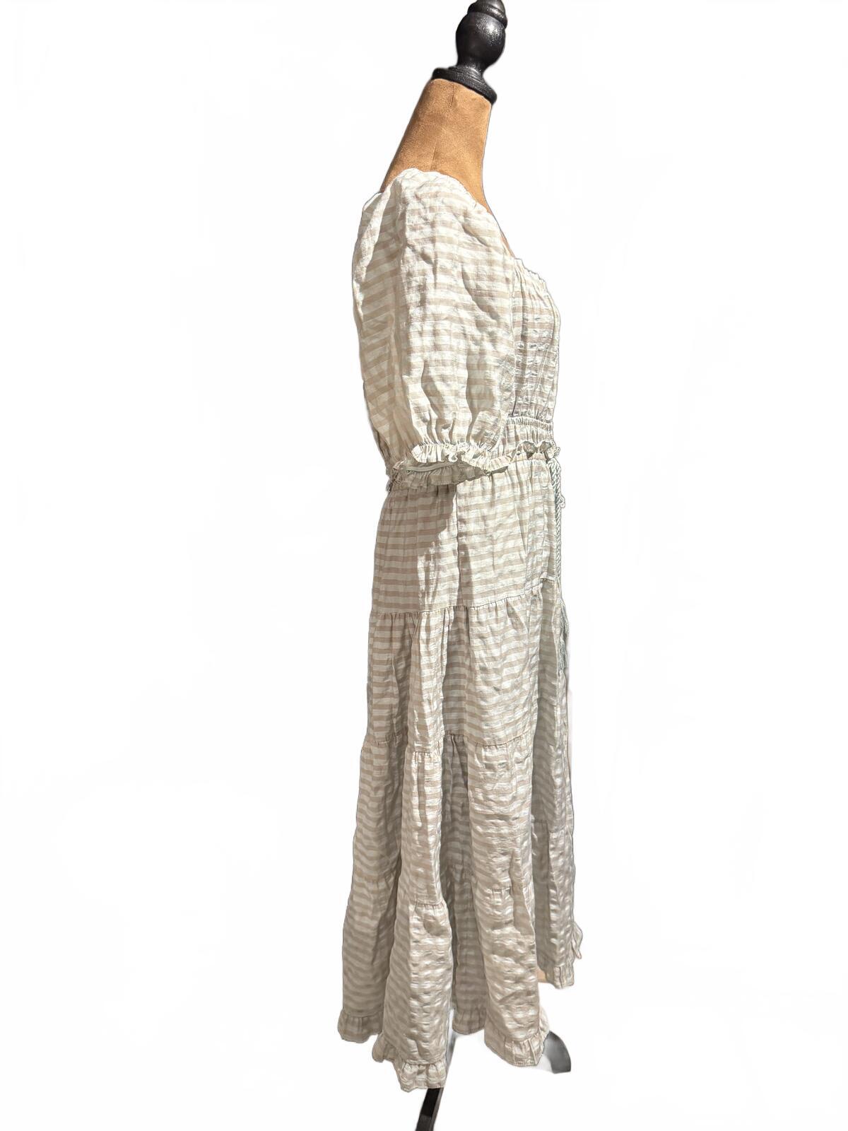 Moon River Beige Plaid Square Neck Puff Sleeve Midi Dress