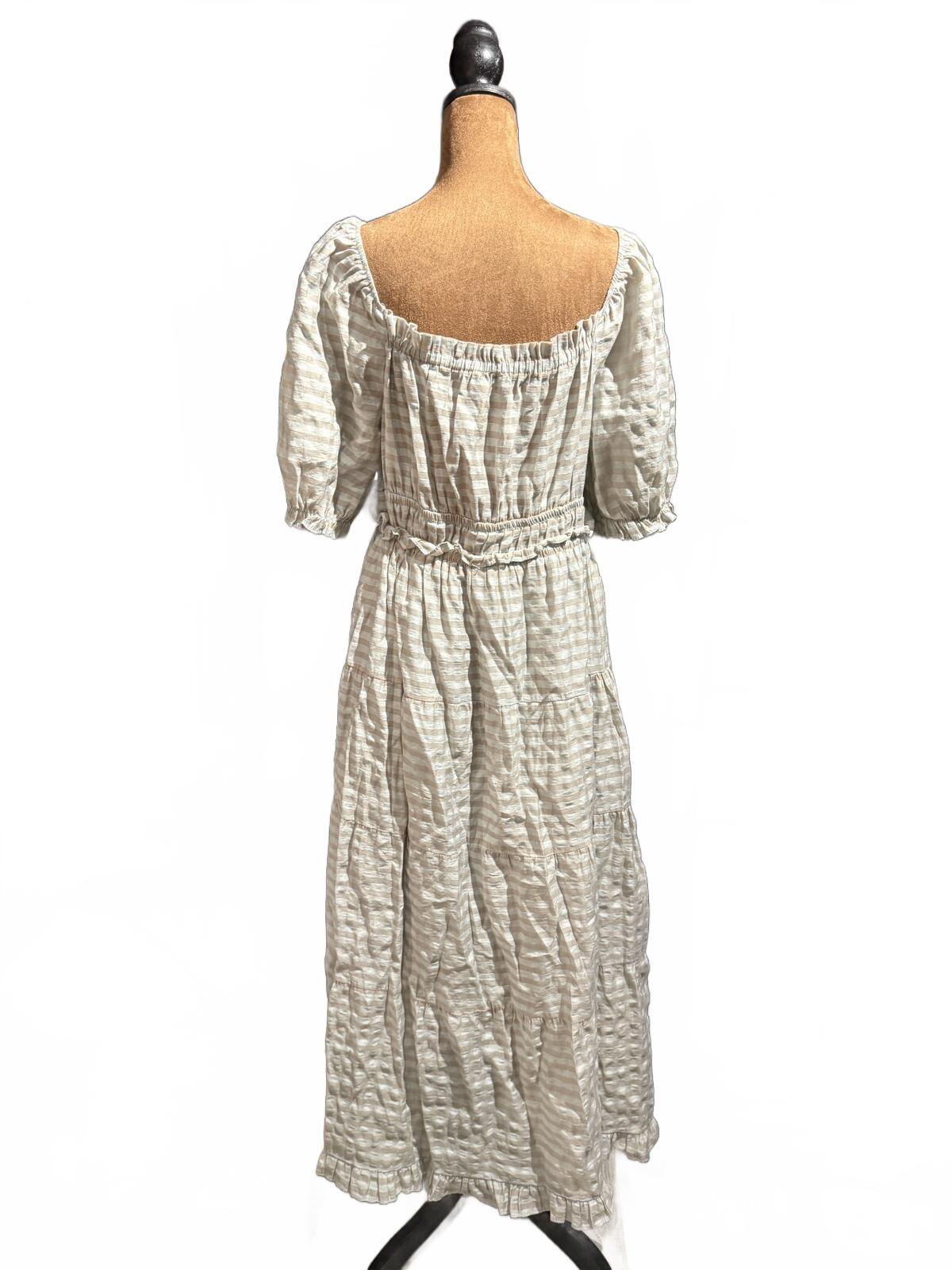 Moon River Beige Plaid Square Neck Puff Sleeve Midi Dress