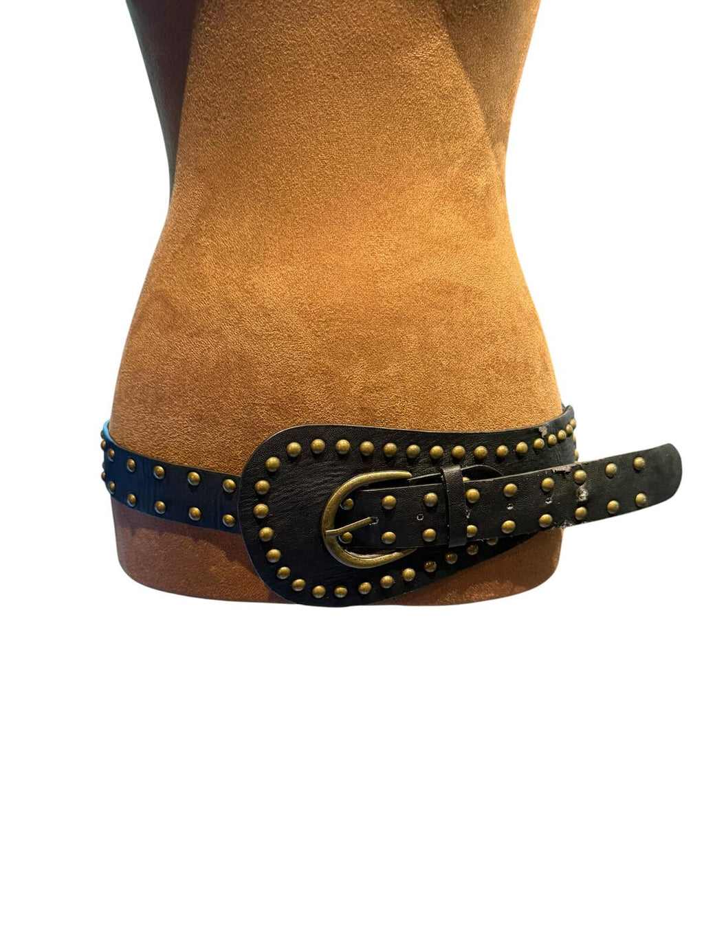 Black Leather Studded Belt with Brass Buckle