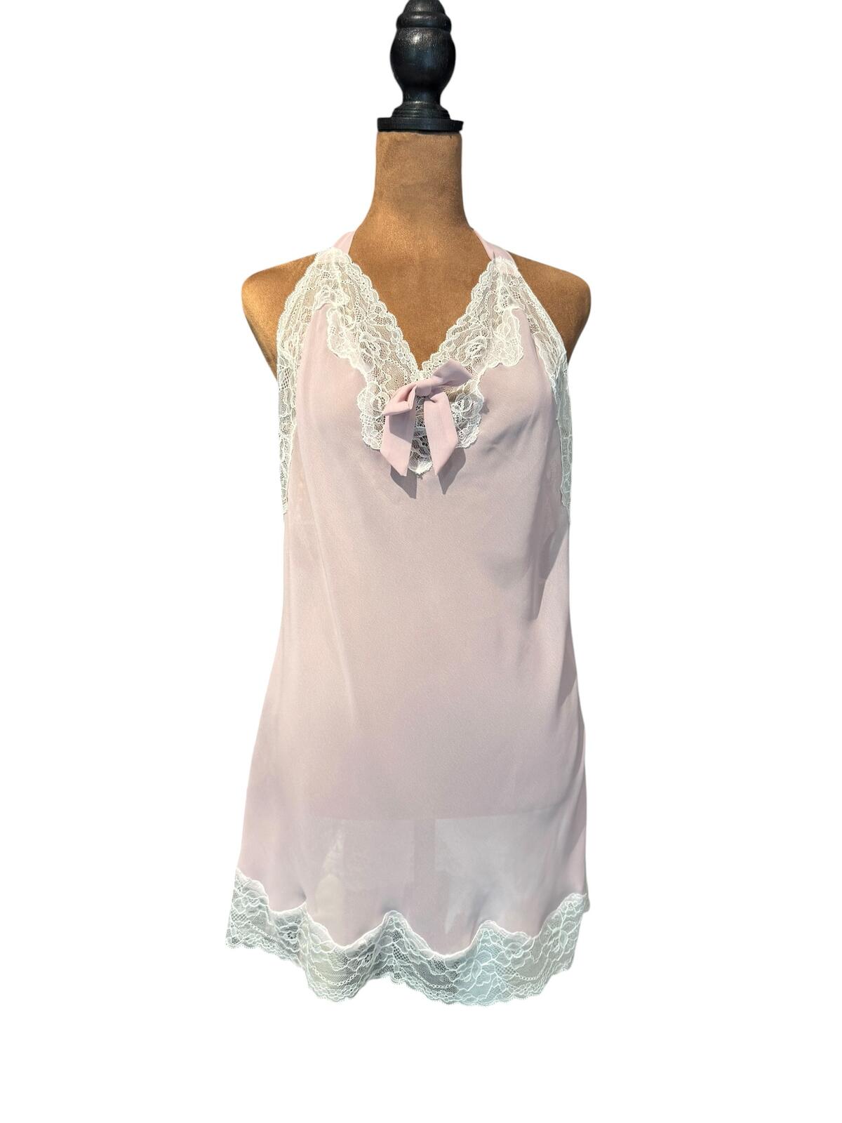 Adore Me Light Pink Lace Halter Babydoll Top with Open Back