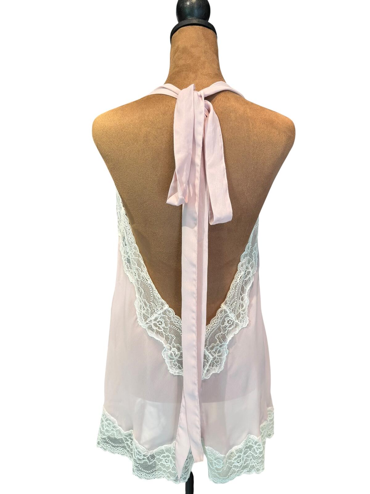 Adore Me Light Pink Lace Halter Babydoll Top with Open Back