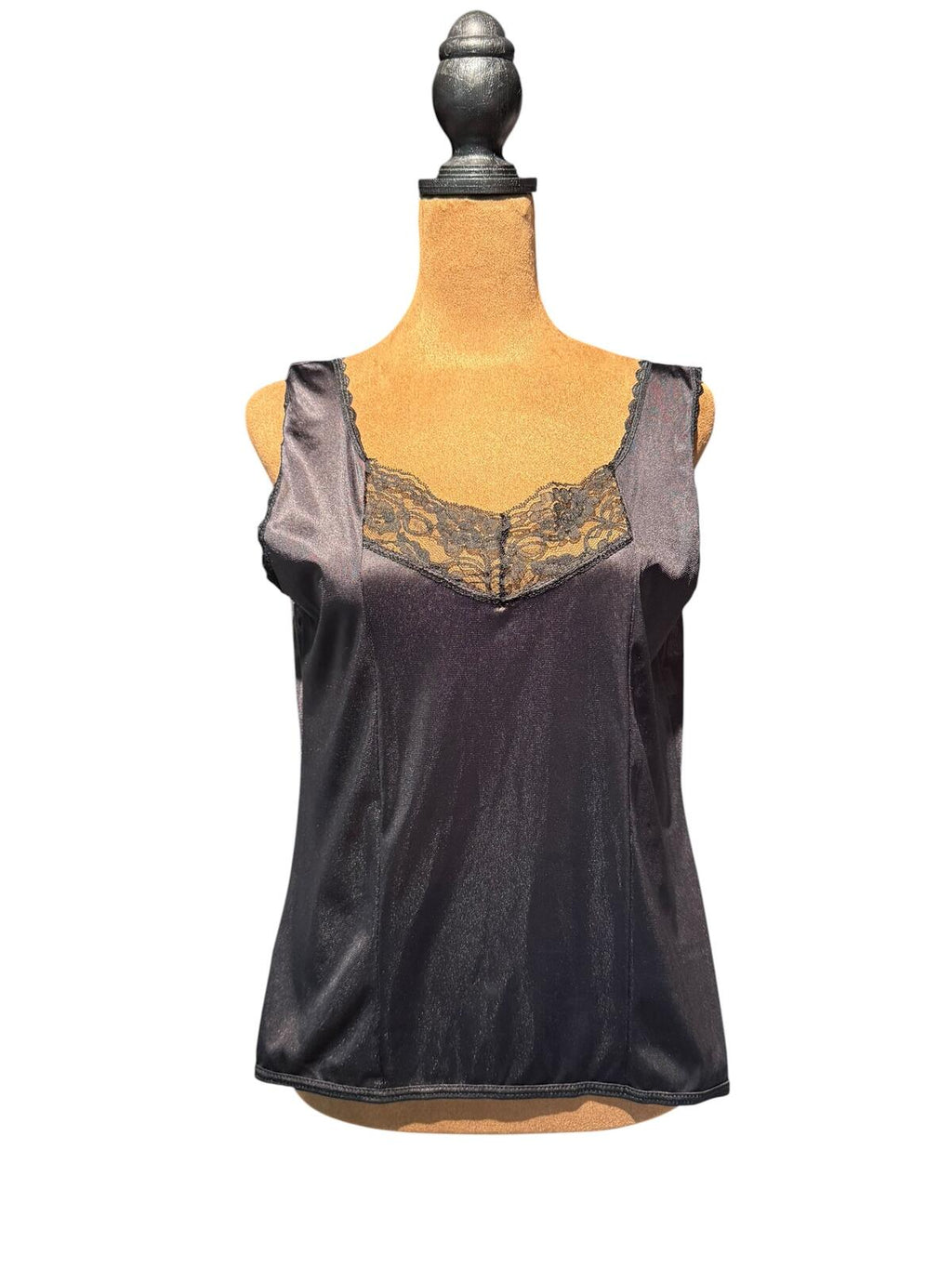 Vintage Black Satin Lace Trim Camisole Tank Top