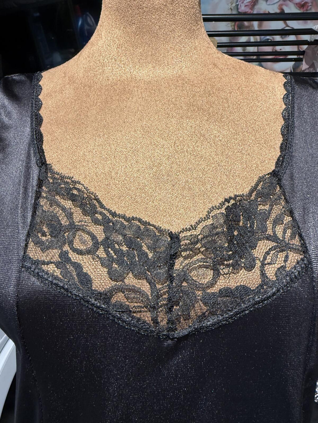 Vintage Black Satin Lace Trim Camisole Tank Top