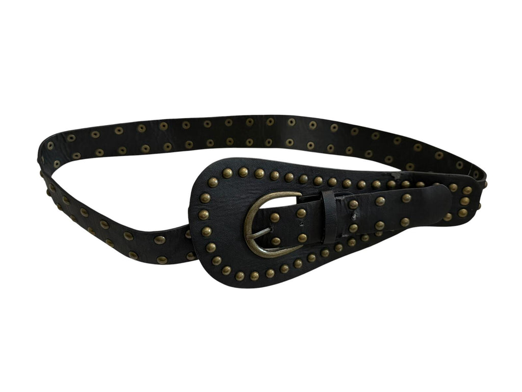 Black Leather Studded Belt with Brass Buckle