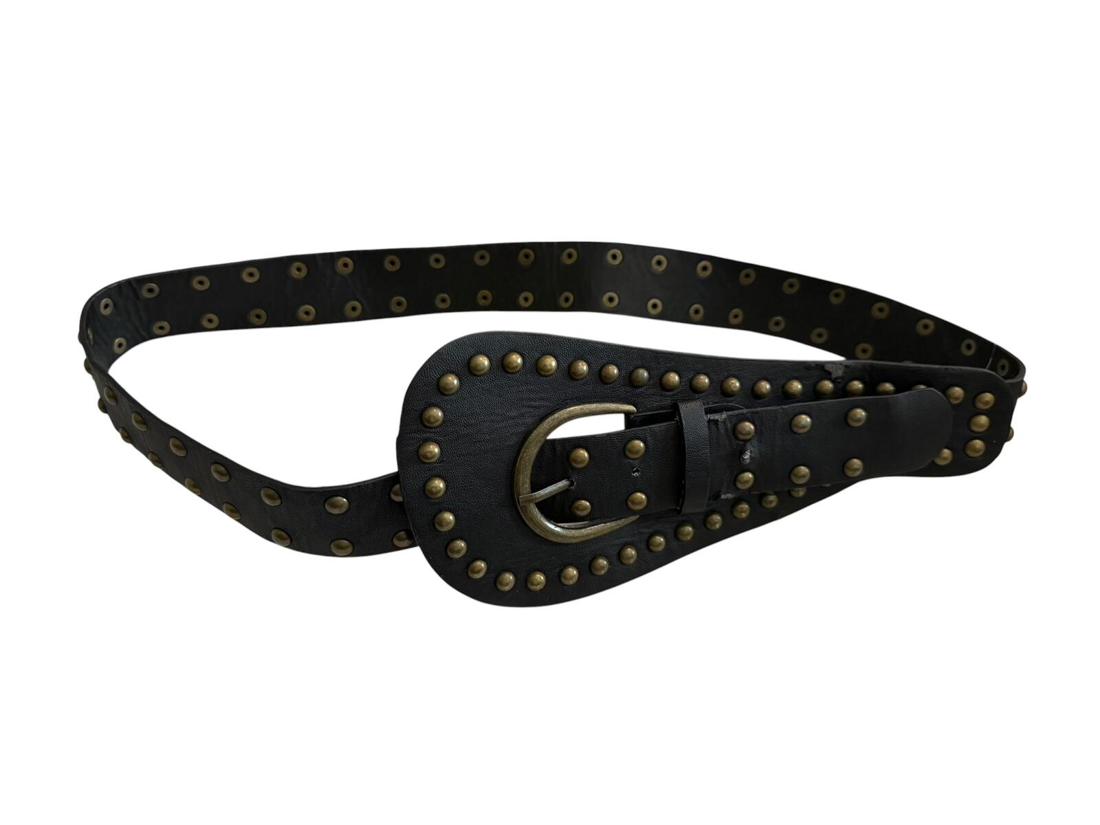 Black Leather Studded Belt with Brass Buckle