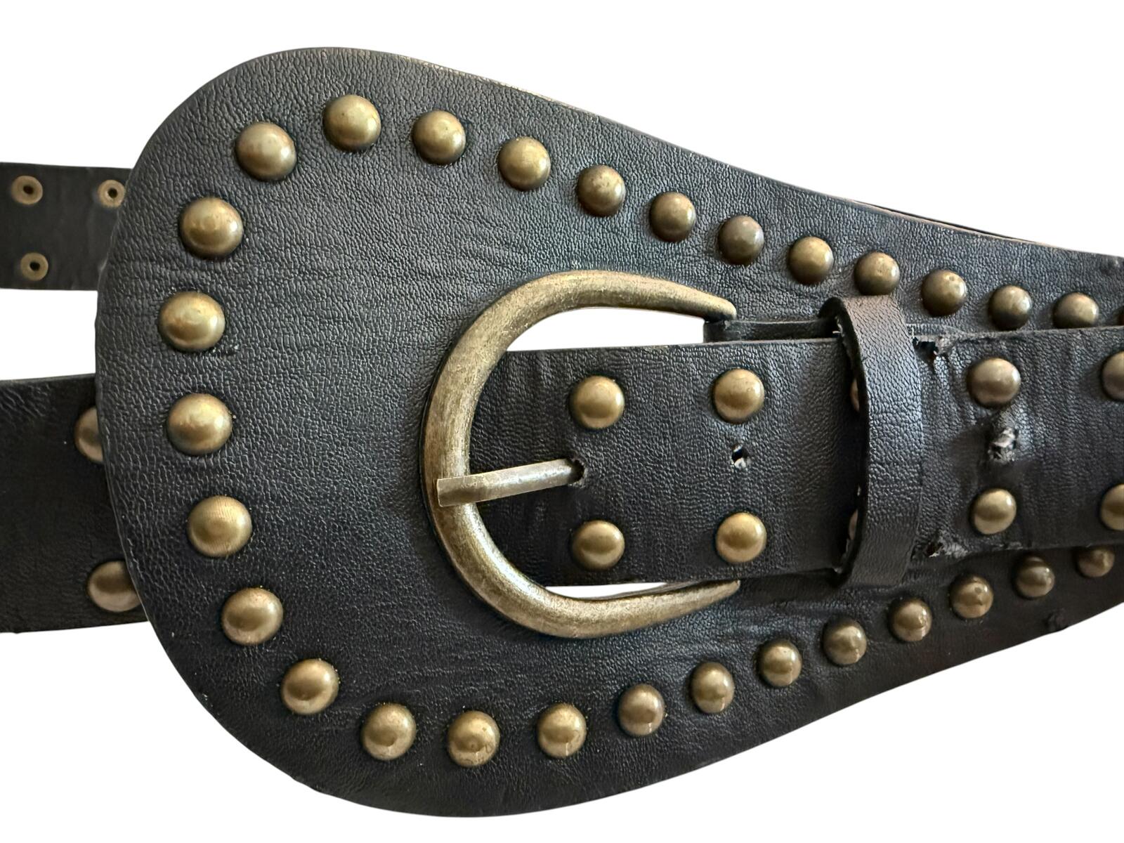 Black Leather Studded Belt with Brass Buckle