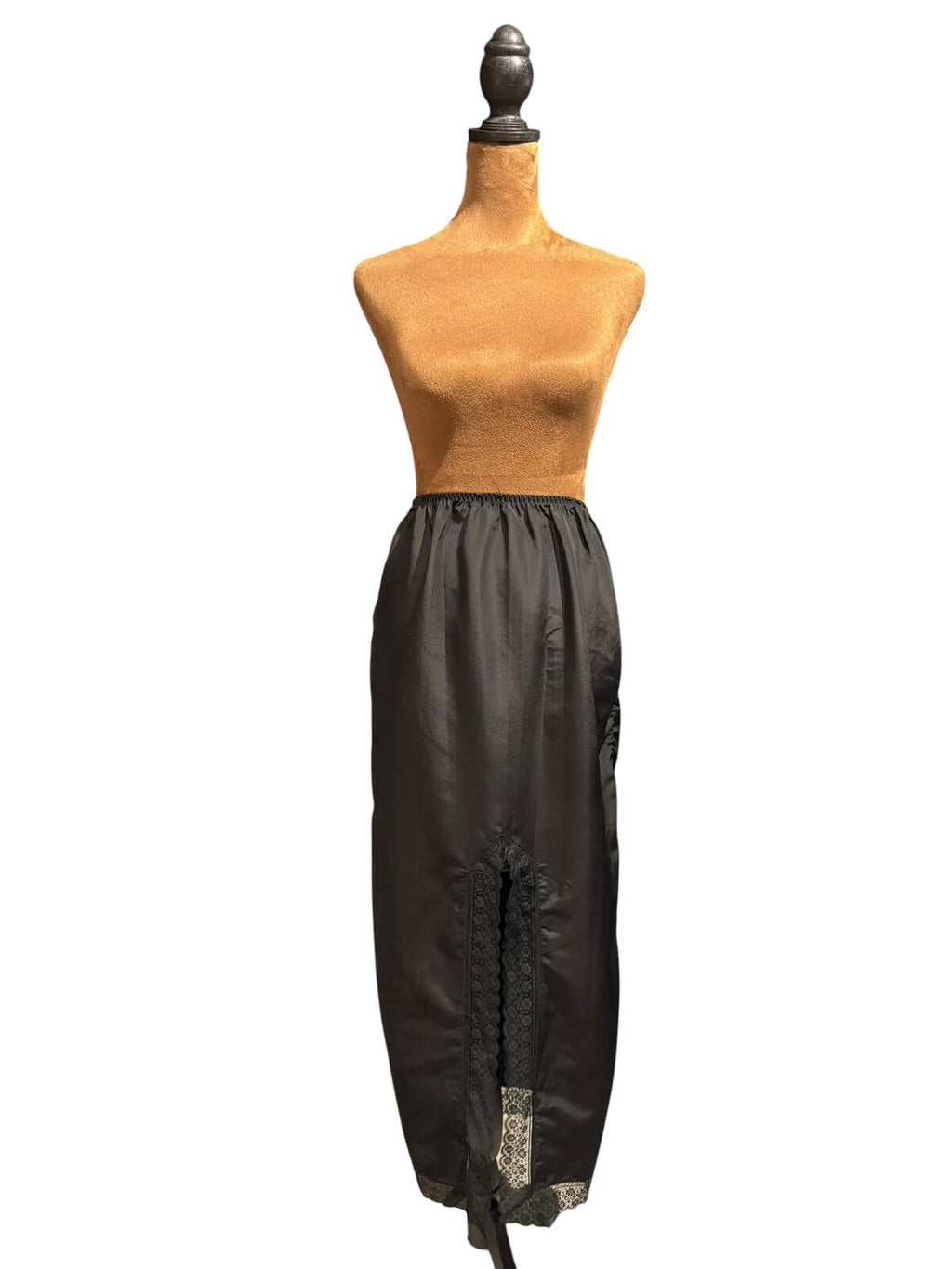 Vintage Black Satin Maxi Slip Skirt with Lace Trim and Front Slit