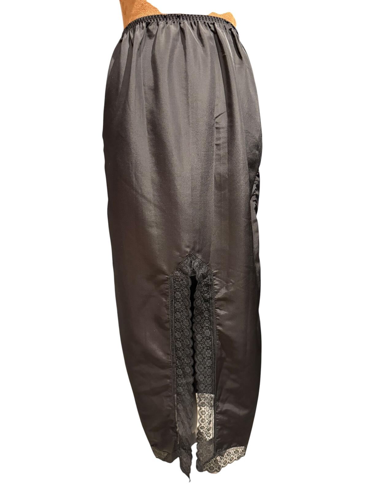 Vintage Black Satin Maxi Slip Skirt with Lace Trim and Front Slit