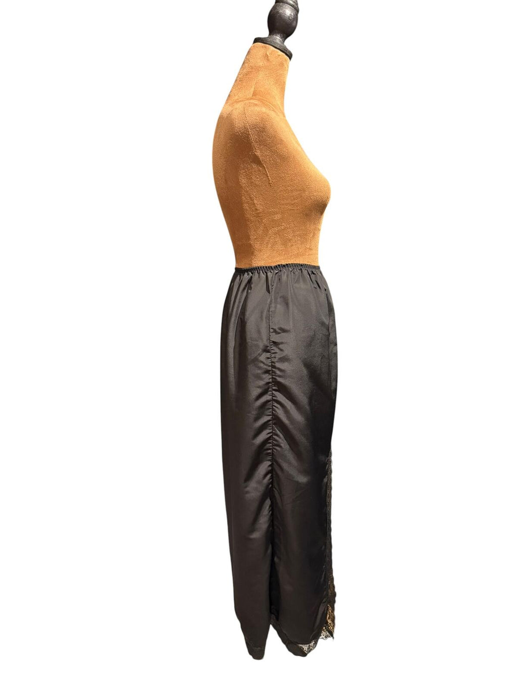 Vintage Black Satin Maxi Slip Skirt with Lace Trim and Front Slit