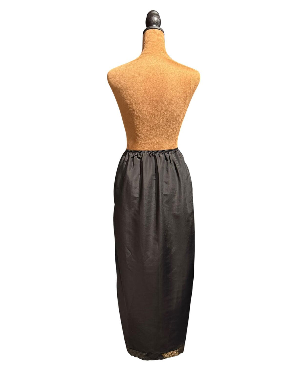 Vintage Black Satin Maxi Slip Skirt with Lace Trim and Front Slit