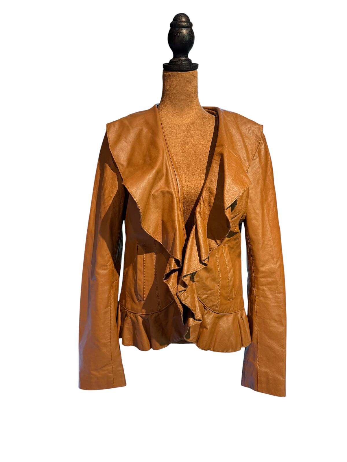 Neiman Marcus Brown Leather Ruffle Jacket