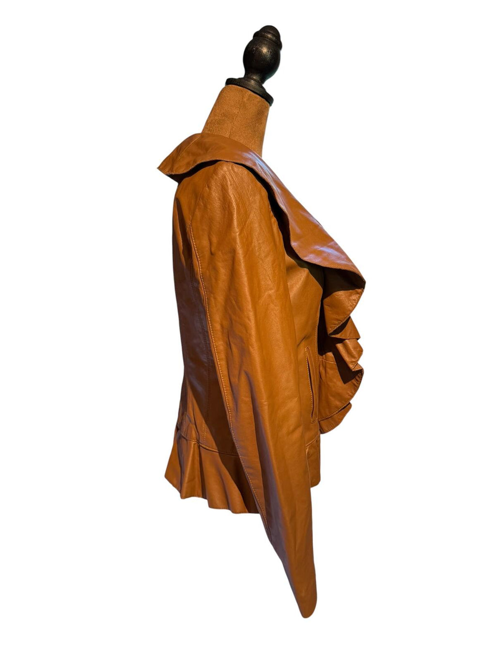 Neiman Marcus Brown Leather Ruffle Jacket