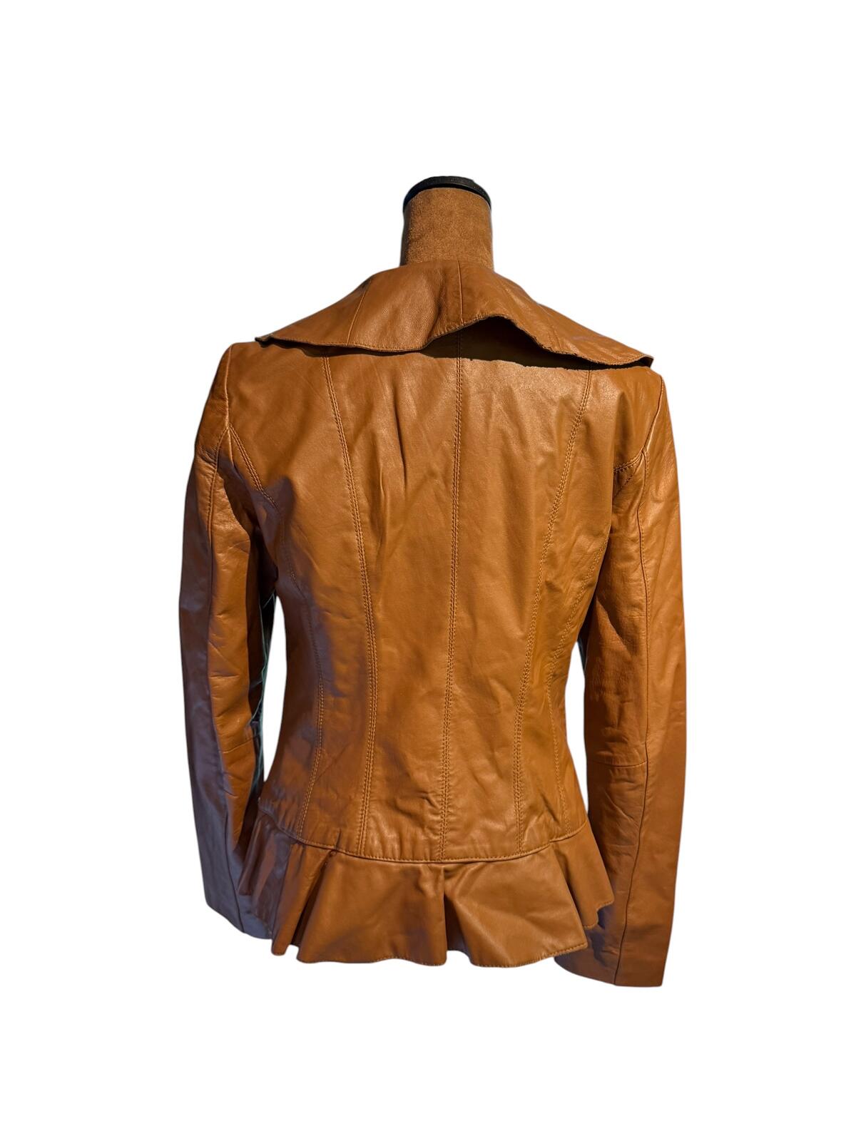 Neiman Marcus Brown Leather Ruffle Jacket