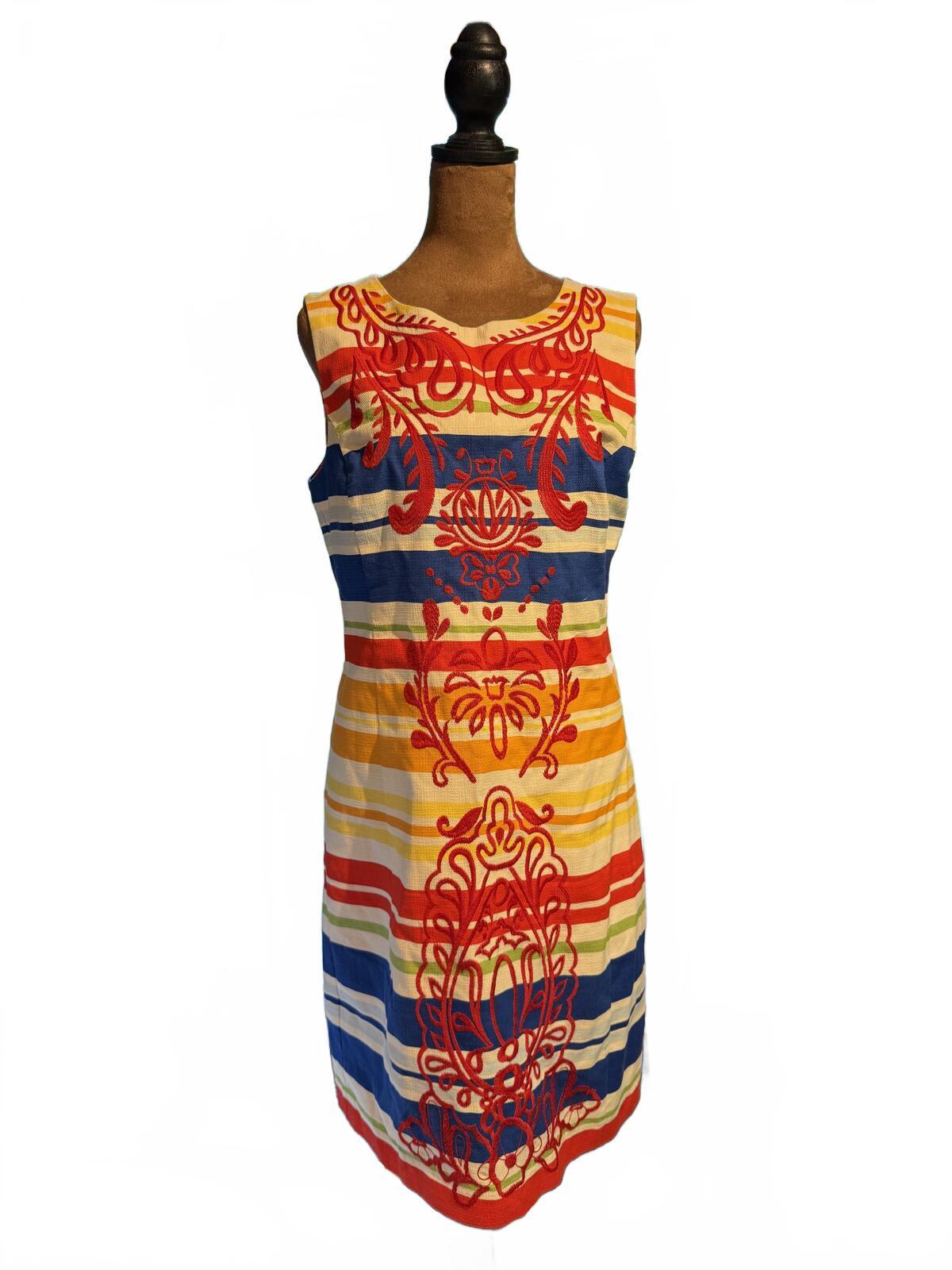 Tabitha Multicolor Striped Embroidered Sleeveless Shift Dress