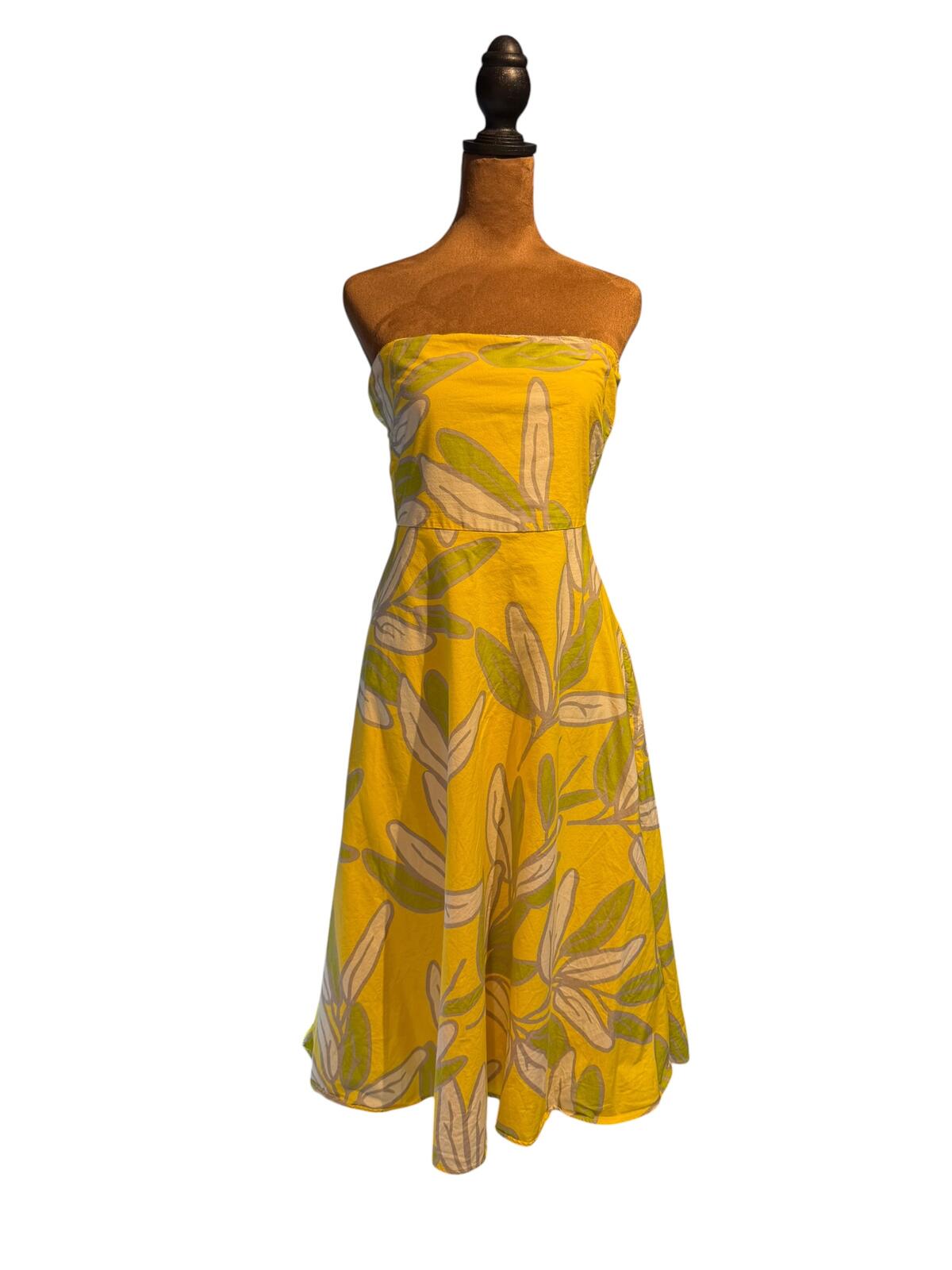 Bitten Yellow Leaf Print Strapless Dress